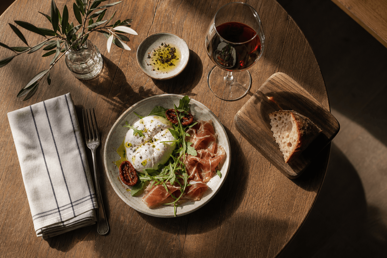 Table dressée chez Jean & Gino : burrata, prosciutto, roquette, verre de vin rouge, pain de campagne, sous une lumière naturelle latérale.