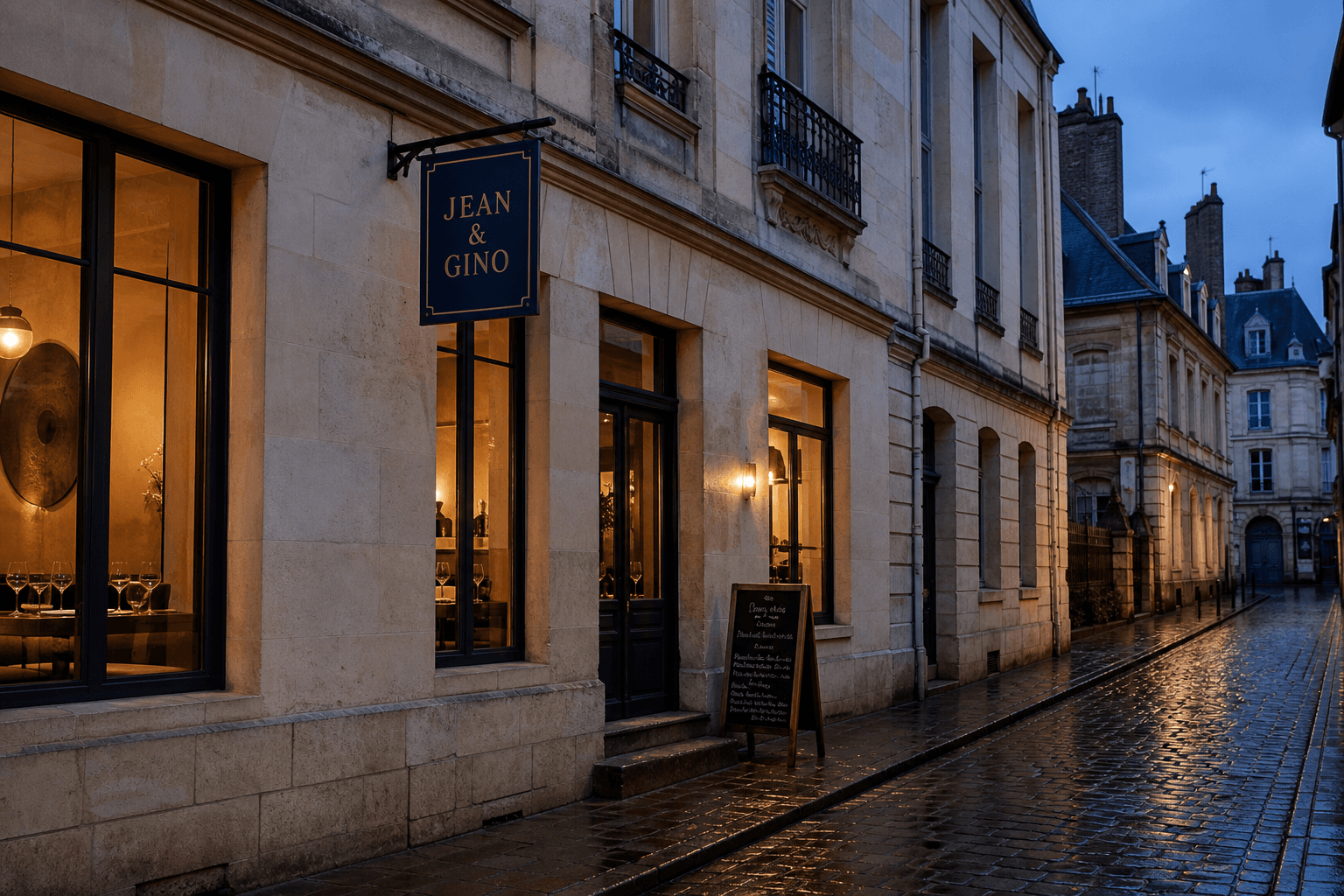 La façade du restaurant Jean & Gino, rue du Cadran Saint-Pierre à Reims, à la tombée du jour, avec son enseigne navy et dorée.